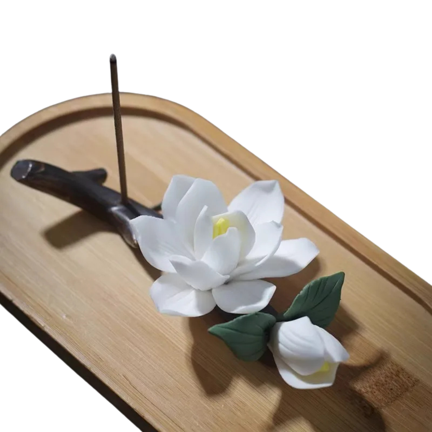 "Lotus Rest" Bamboo Incense Holder — top angle view, natural bamboo oval tray with ceramic lotus flower and incense stick, zen home decor