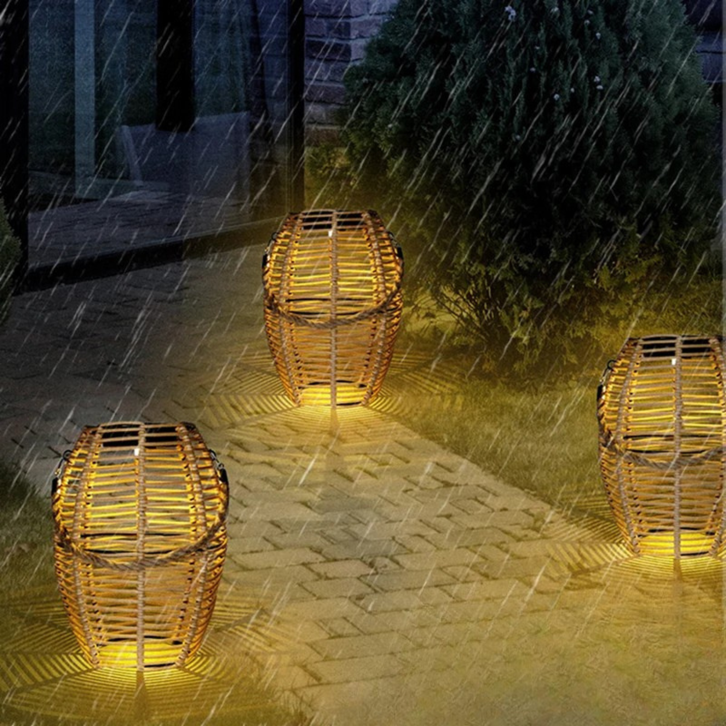 Three rattan solar lanterns glowing with warm amber light on a stone patio pathway during rain, demonstrating weatherproof outdoor performance