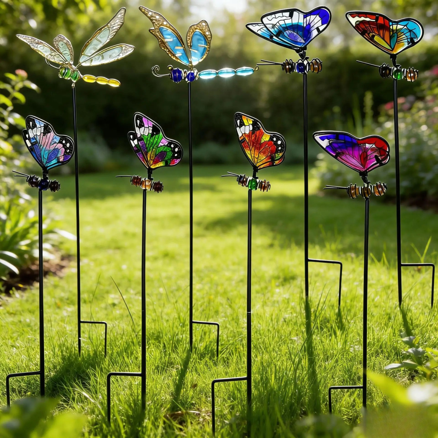 "Garden Wings" full collection of stained glass effect metal butterfly and dragonfly garden stakes displayed on green lawn, showing all 3 sets: Butterfly Trio A, Butterfly Trio B and Dragonfly Glow Duo