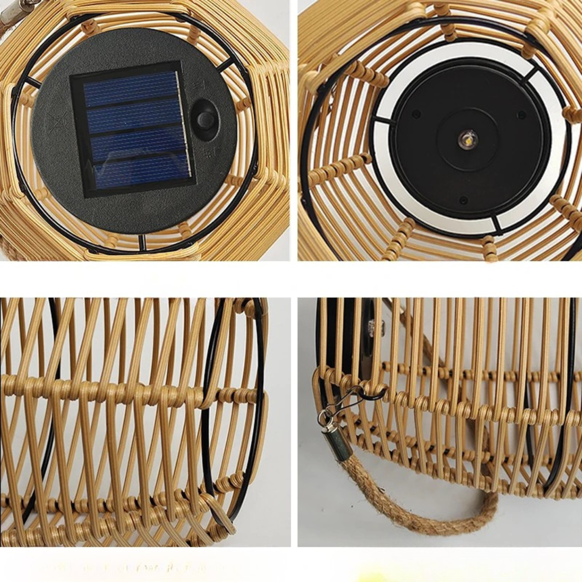  Close-up detail grid showing the solar panel on top, LED light base, hand-woven rattan weave texture, and metal clasp handle of the rattan solar lantern