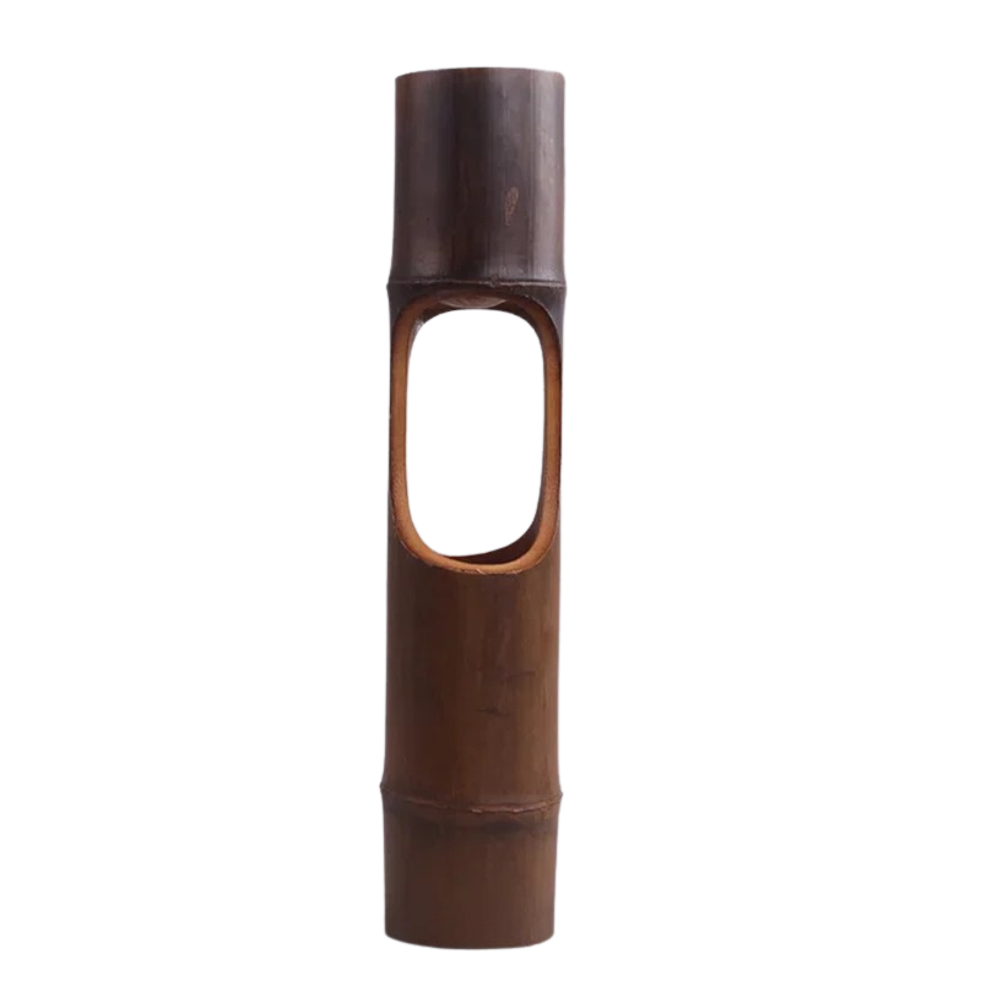Handmade dark bamboo cylindrical vase with large oval cut-out opening, natural bamboo texture, white background