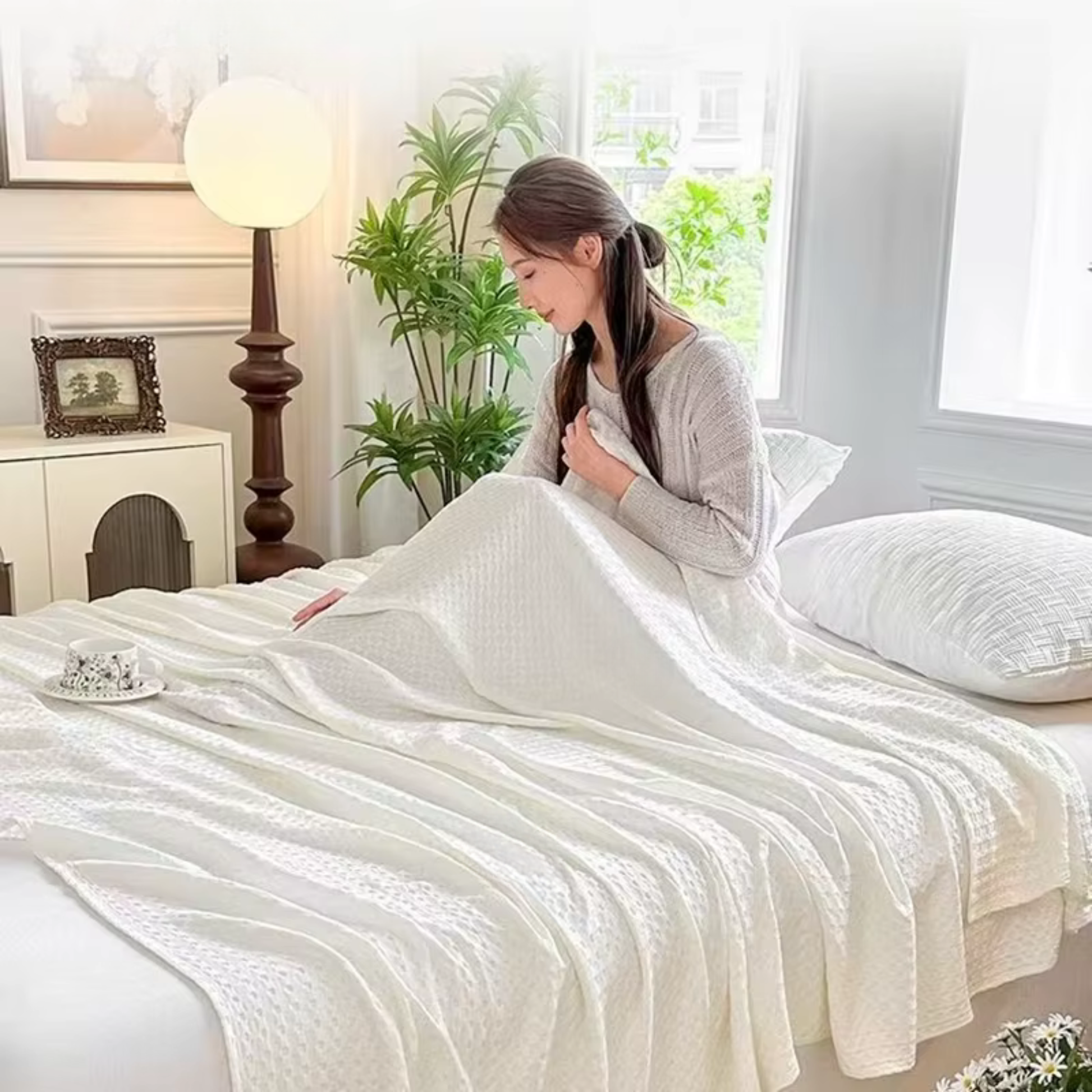 "100% Bamboo Fibre waffle-texture cooling blanket in Sage Mist — neatly folded on a white windowsill with natural light, soft and breathable summer bedding"