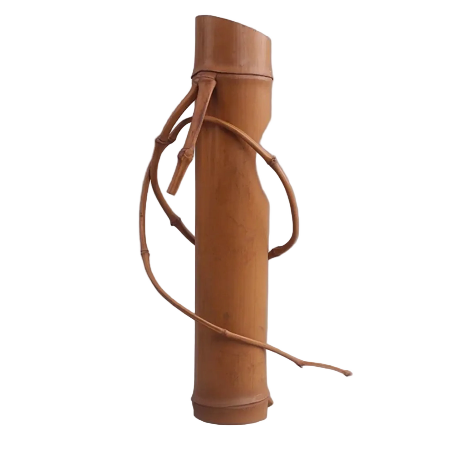 Handmade natural bamboo cylindrical vase with organic twisted branch detail wrapped around the body, grey background