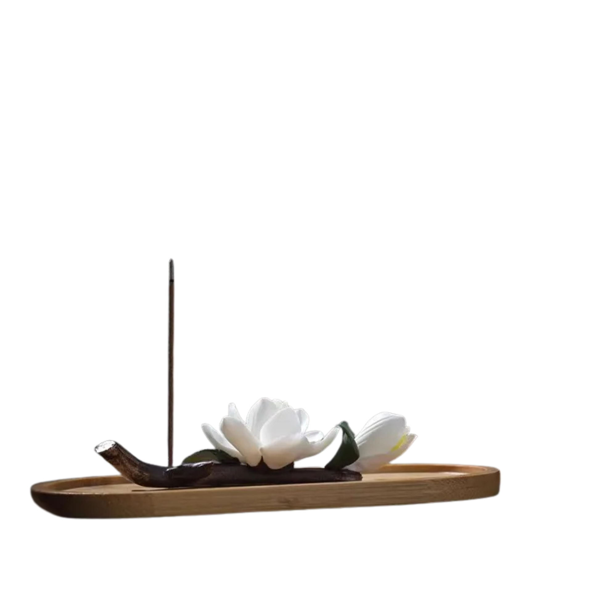 — side view, full set with bamboo ash catcher tray, ceramic lotus blossom and incense stick, japandi meditation decor