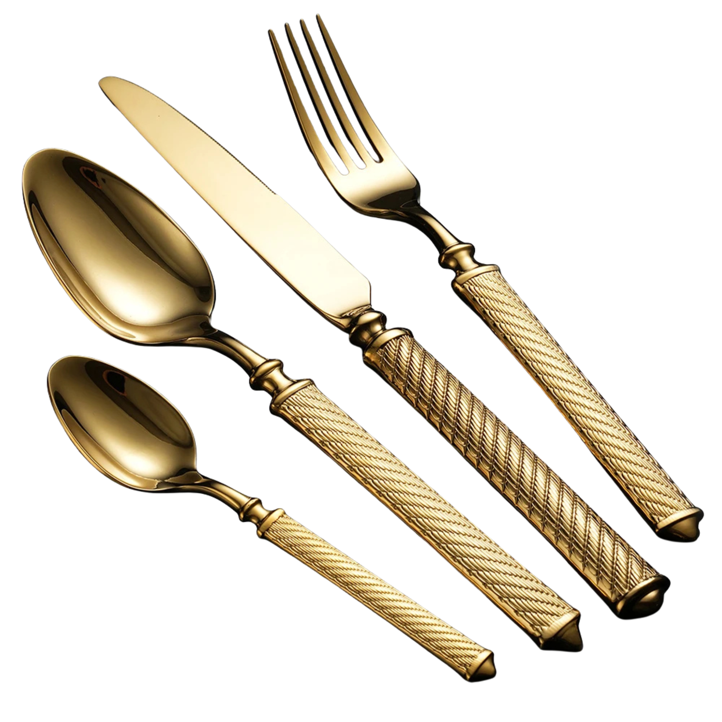 "Twisted Rope" gold stainless steel cutlery set of 4 pieces — dinner fork, knife, dinner spoon and tea spoon — with hand-engraved twisted rope handle, white background

Tem mais? 🍃