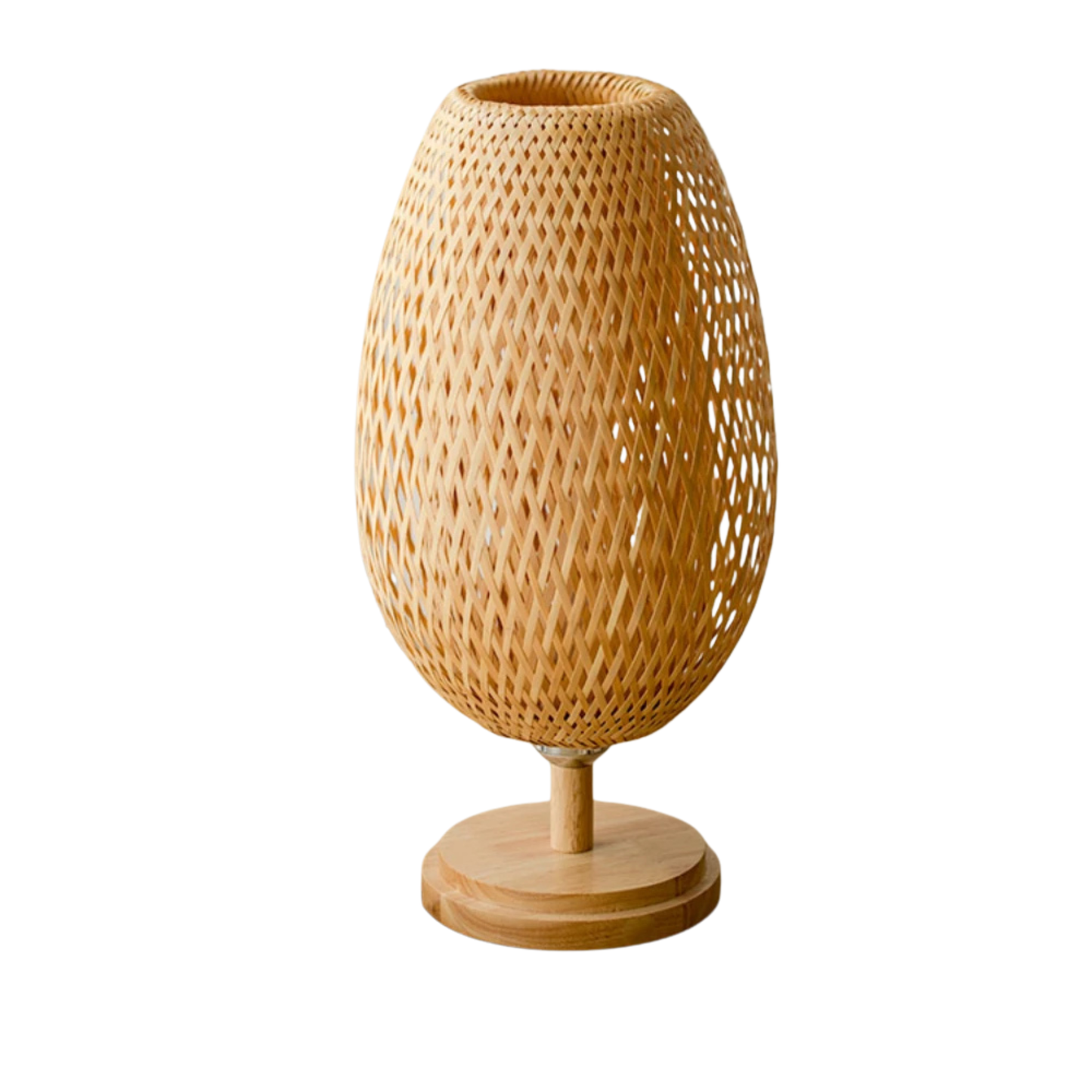 Tall woven bamboo table lamp with oval shade and round wooden base, shown against a white background — "Woven Glow" Large 18 × 48cm by CL House