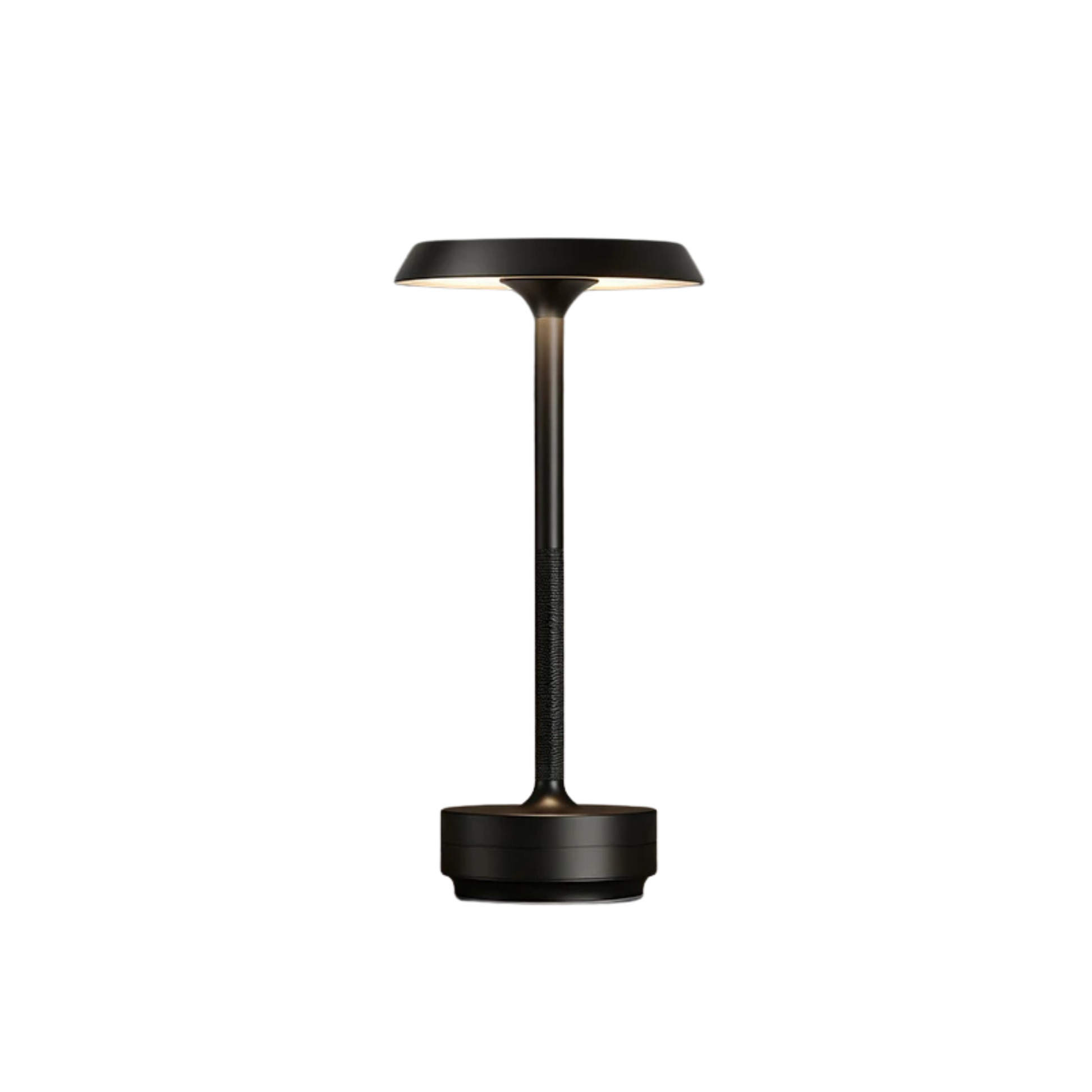  Black aluminium rechargeable table lamp with disc shade and knurled stem, shown against a white background — "Disc & Stem" by CL House
