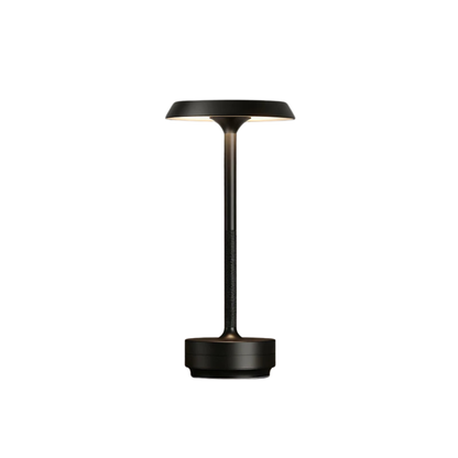  Black aluminium rechargeable table lamp with disc shade and knurled stem, shown against a white background — "Disc & Stem" by CL House