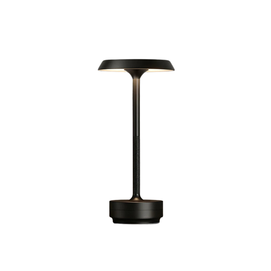  Black aluminium rechargeable table lamp with disc shade and knurled stem, shown against a white background — "Disc & Stem" by CL House