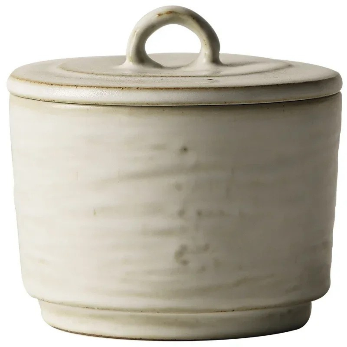 Matte off-white ceramic lidded bowl with loop handle, brushstroke glaze texture on neutral beige background — Stone Broth Ceramic Lidded Bowl by CL House