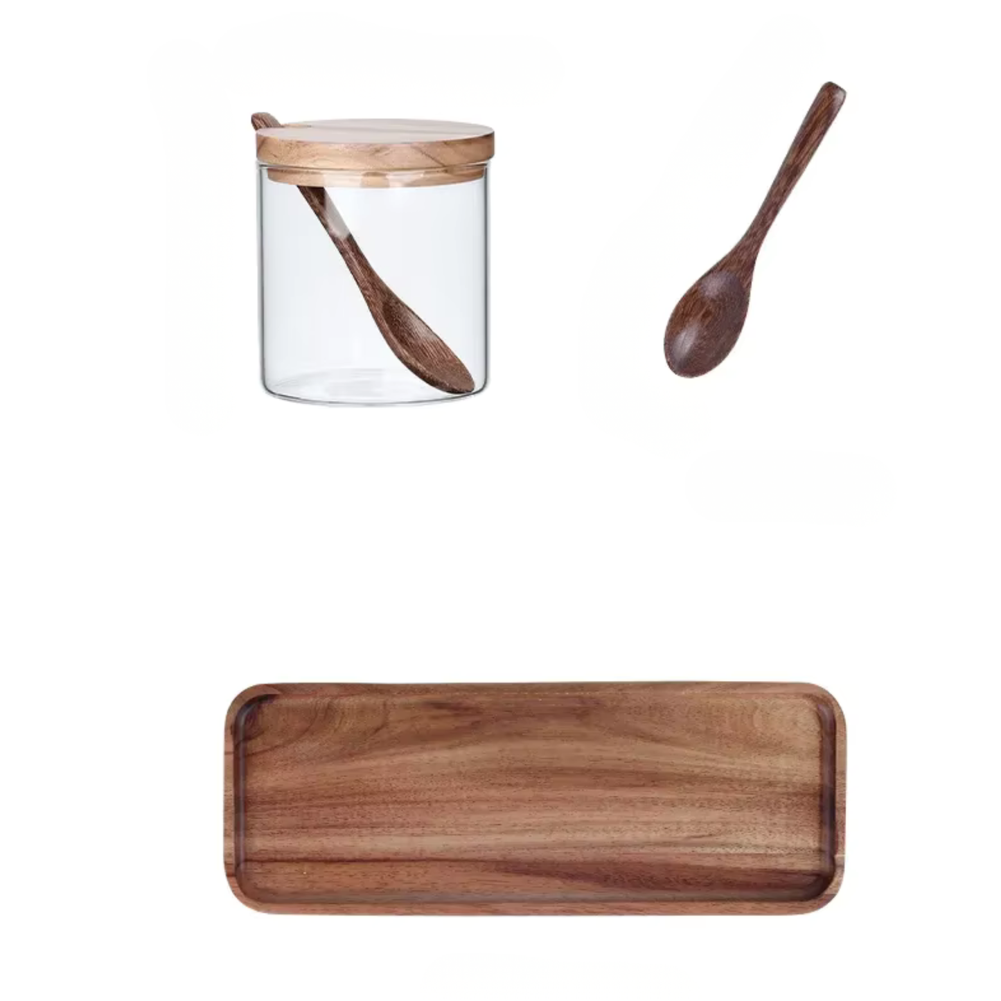  Flat lay of the complete set components — glass jar with acacia wood lid and spoon inside, individual wooden spoon, and rectangular acacia serving tray — white background showing all pieces included in the Acacia & Glass Spice Jar Set by CL House