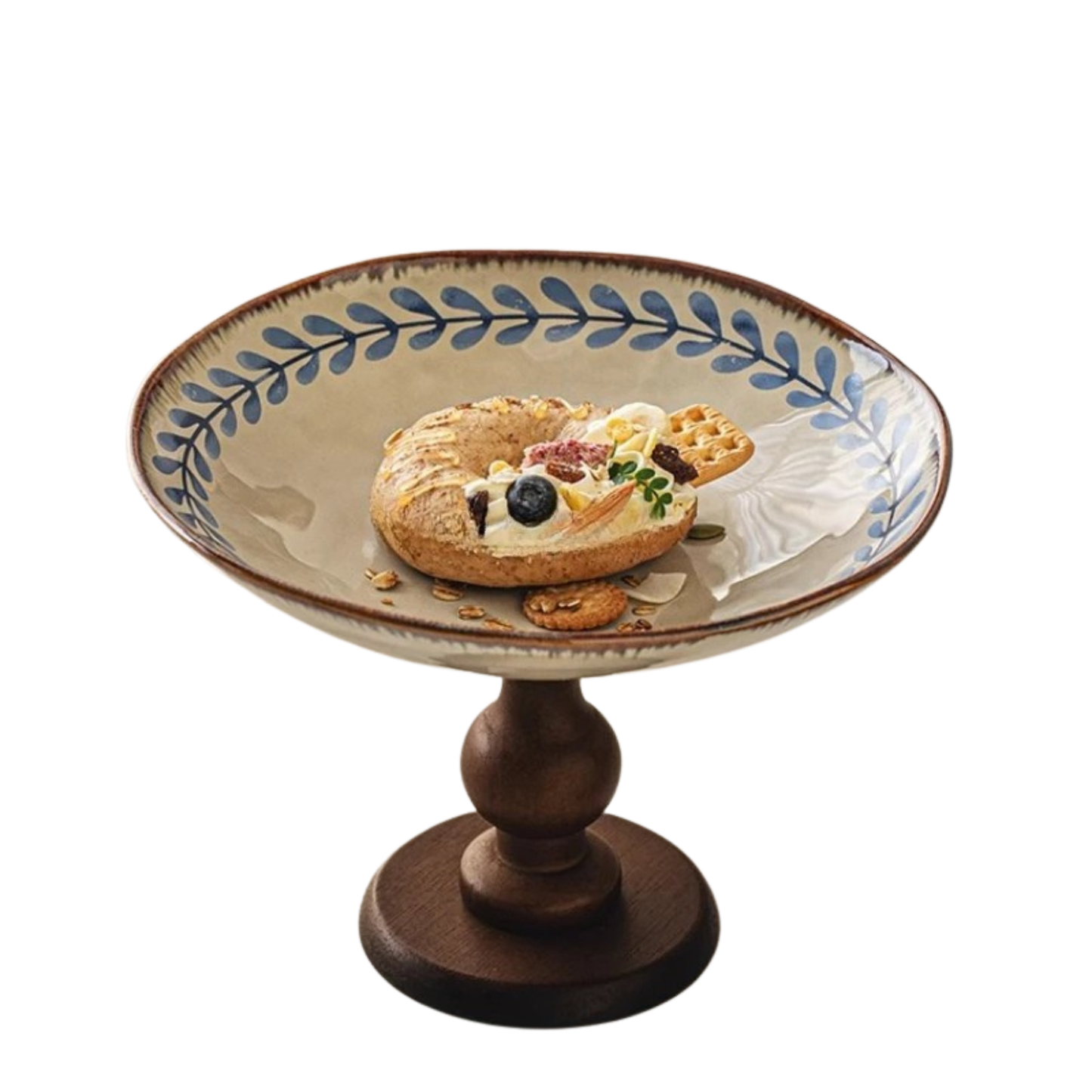 "Blue Botanics" Ceramic & Wood Pedestal Serving Stand