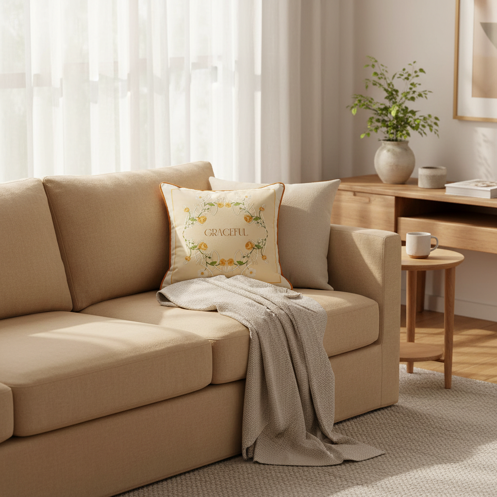 Garden Reverie Graceful botanical velvet cushion cover styled in a japandi living room
