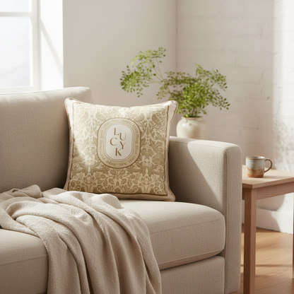 Garden Reverie LUCK botanical velvet cushion cover styled in a japandi living room