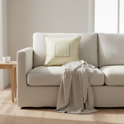 Garden Reverie Blossom botanical velvet cushion cover styled in a japandi living room